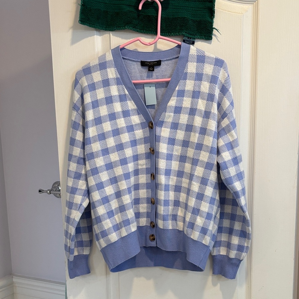 NWT Ann Taylor Lavender and White Checkered Cardigan